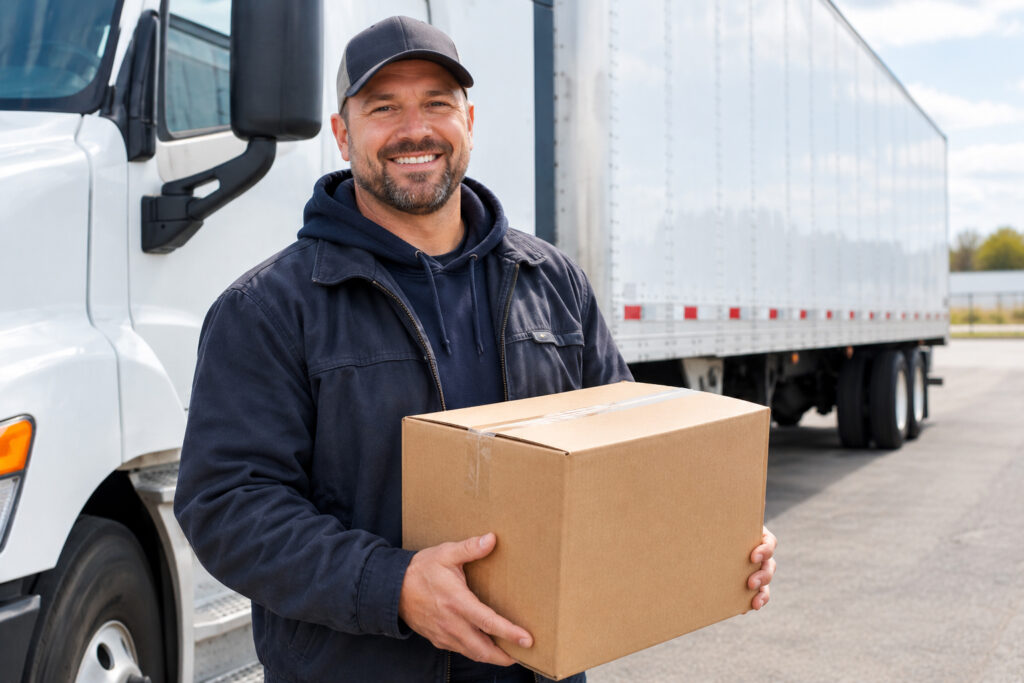 Smiling semi truck driver holding package